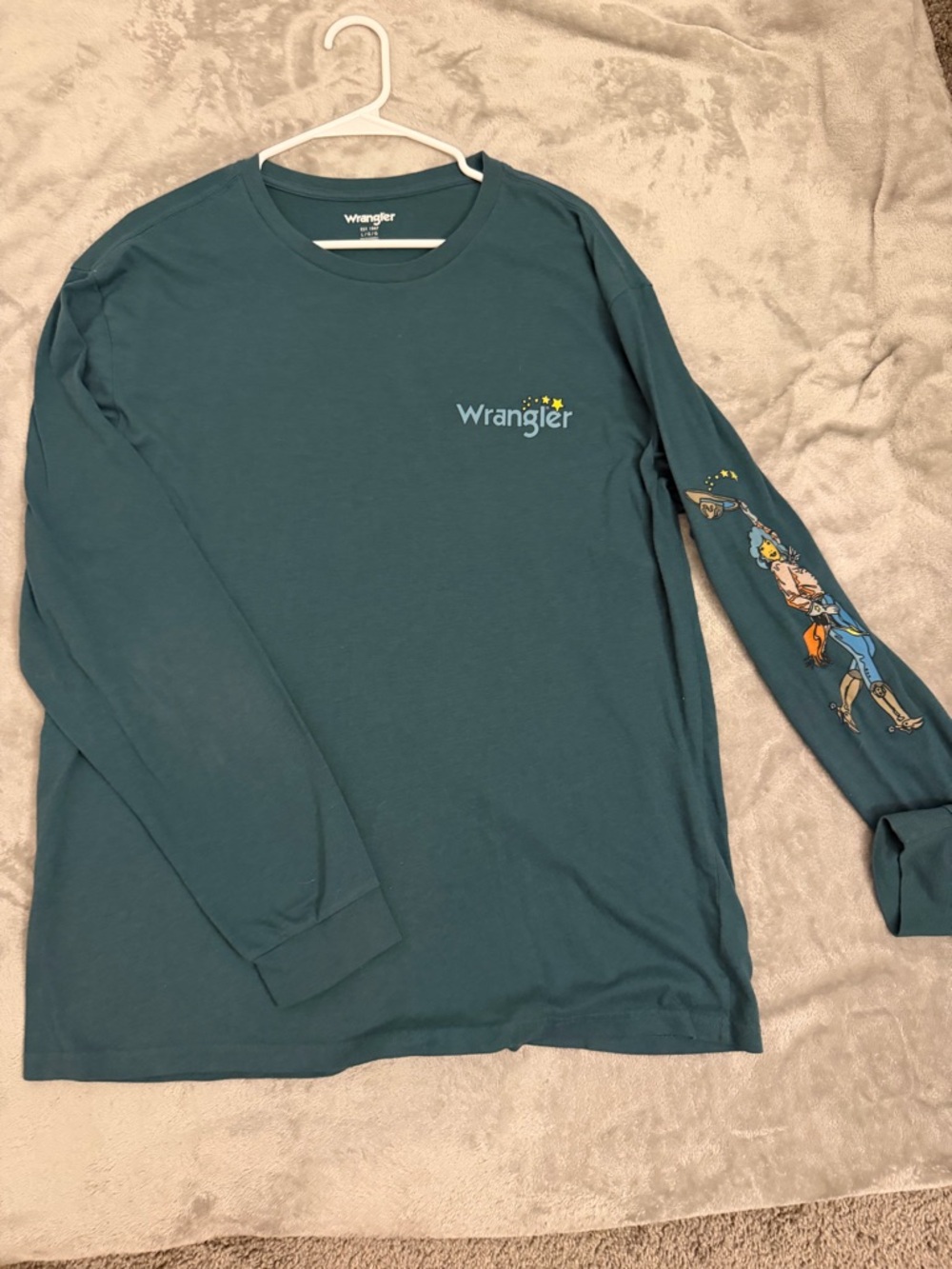 Wrangler Teal Long-Sleeve Graphic Tee with Sleeve Cowboy Art